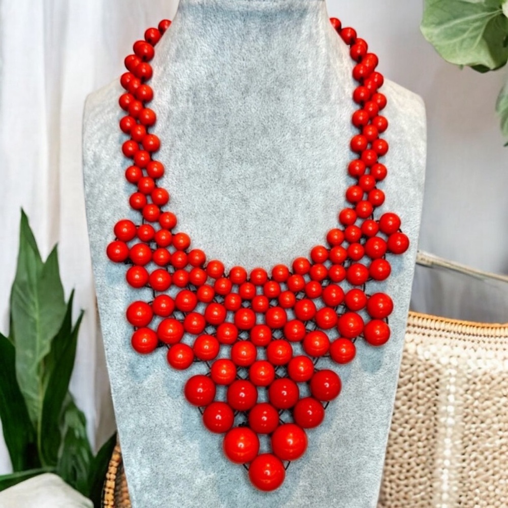 Beaded Bib Necklace, Orange Acrylic with back Clasp 20”